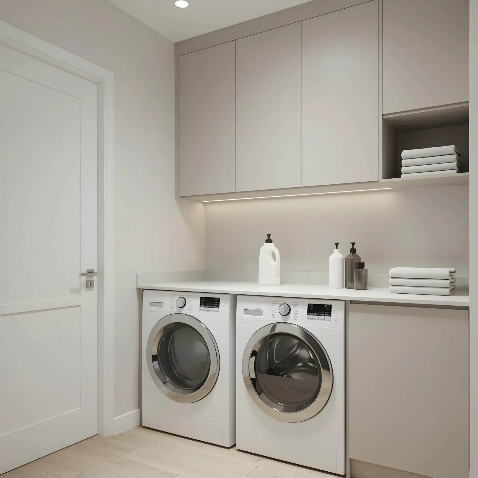 Front-load washer and dryer in a laundry room