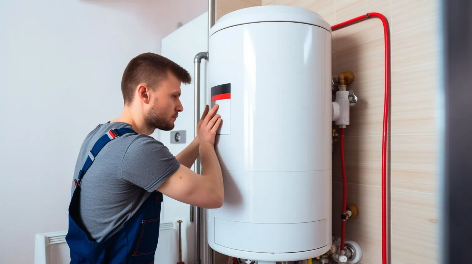Technician checking a wall-mounted water heater